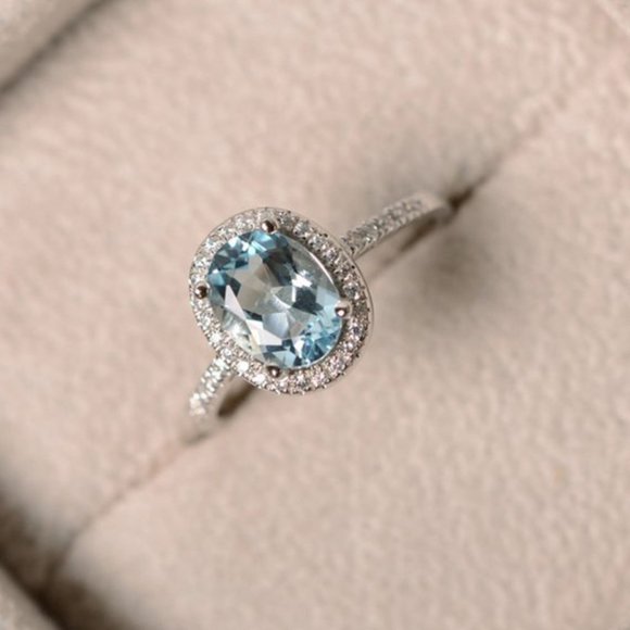 NEW Silver Aquamarine Diamond Halo Oval Cut Ring - Picture 5 of 5